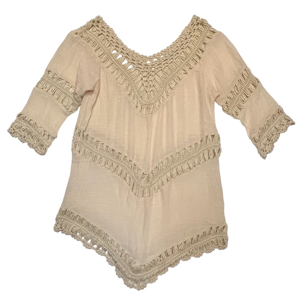 Bohemian Crochet‎ V Neck 3/4 Sleeve Asymmetrical Hem Beige Tunic Blouse Size S